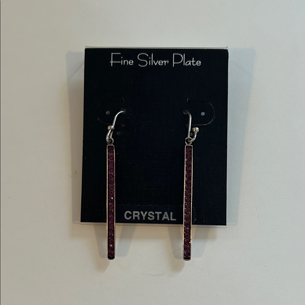 Fine Silver Plate Long Purple Crystal Bar Earrings
